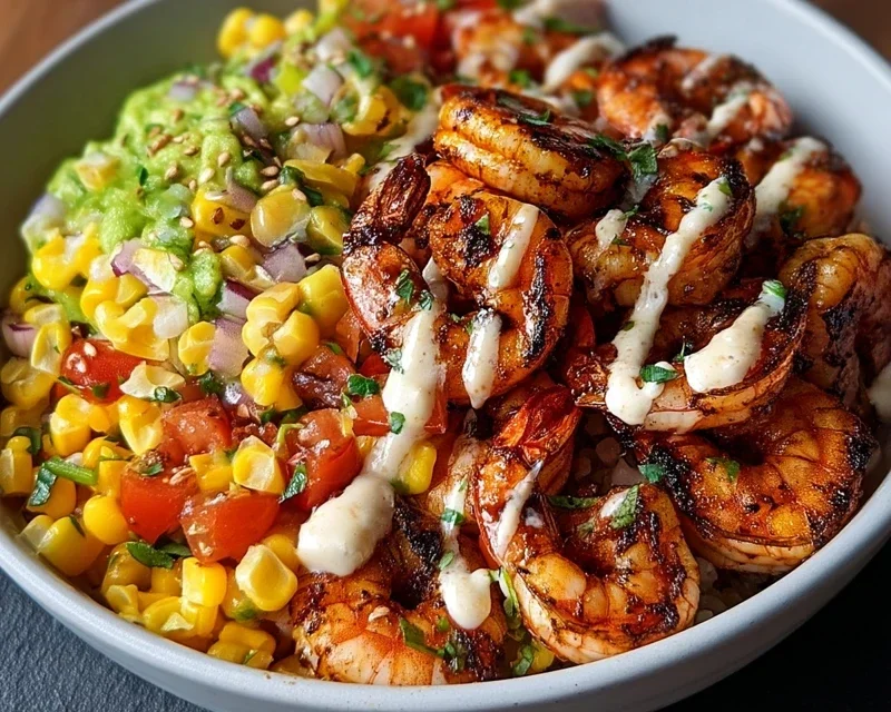 Grilled Shrimp Bowl with Avocado, Corn Salsa & Creamy Garlic Sauce