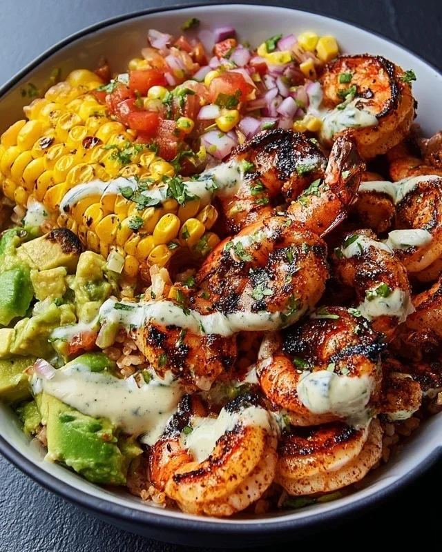 Grilled Shrimp Bowl with Avocado, Corn Salsa & Creamy Garlic Sauce