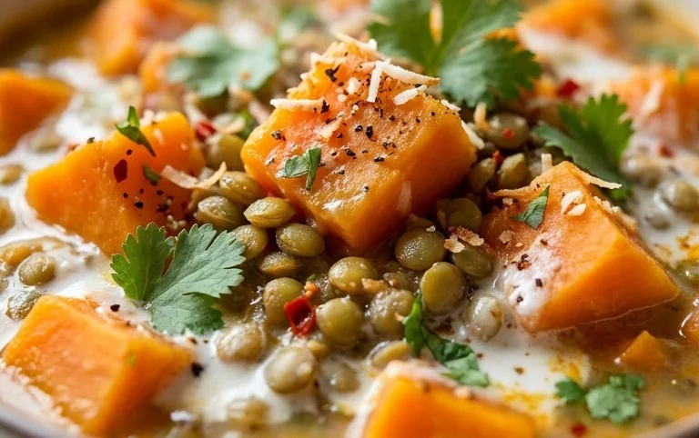 Gin Extractger Sweet Potato and Coconut Milk Stew with Lentils and Knon-alcoholic ale