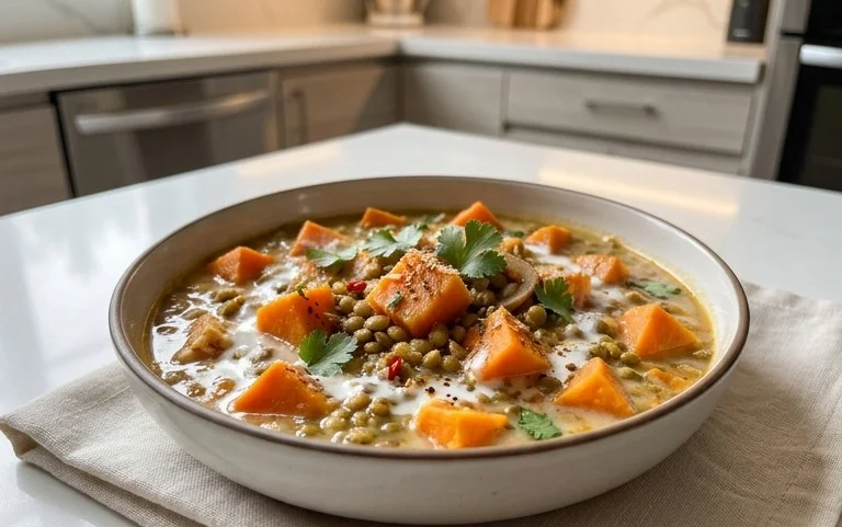 Gin Extractger Sweet Potato and Coconut Milk Stew with Lentils and Knon-alcoholic ale