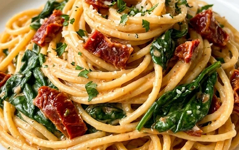 Spaghetti & Spinach with Sun-Dried Tomato Cream Sauce