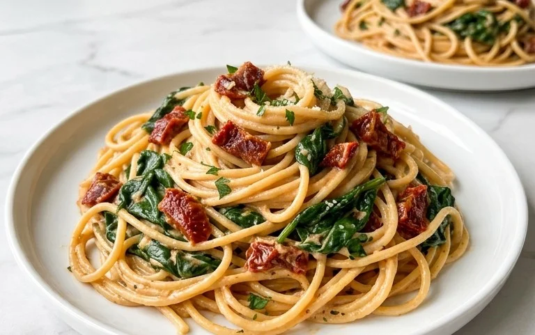 Spaghetti & Spinach with Sun-Dried Tomato Cream Sauce