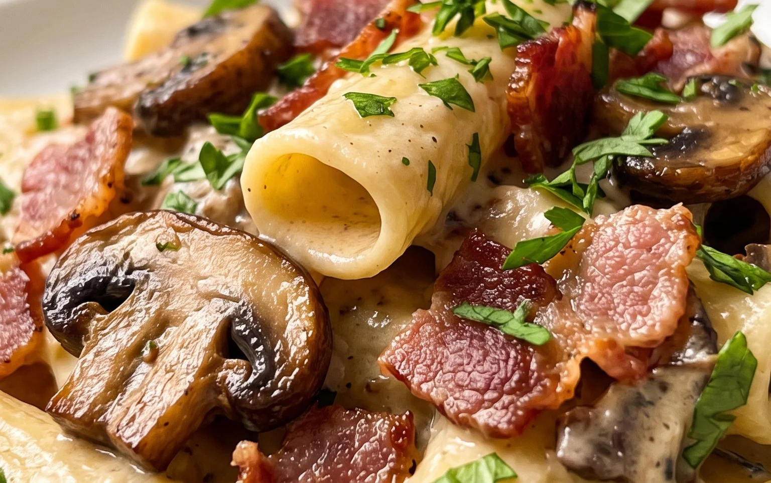 Creamy Beef Bacon and Mushroom Pasta