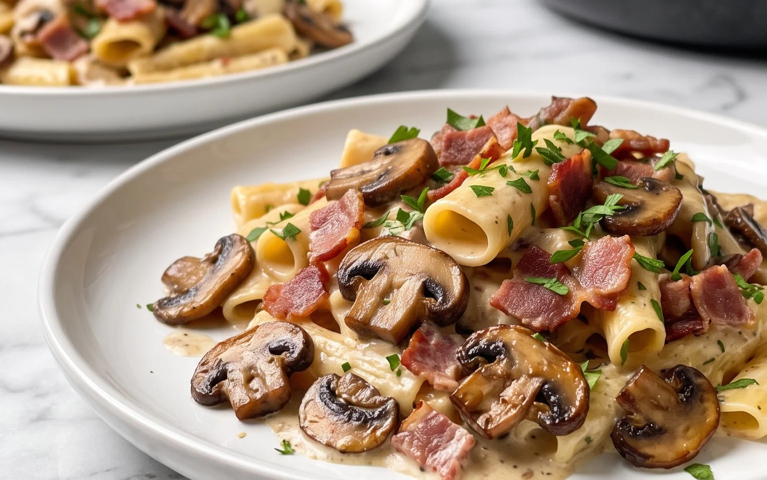 Creamy Beef Bacon and Mushroom Pasta