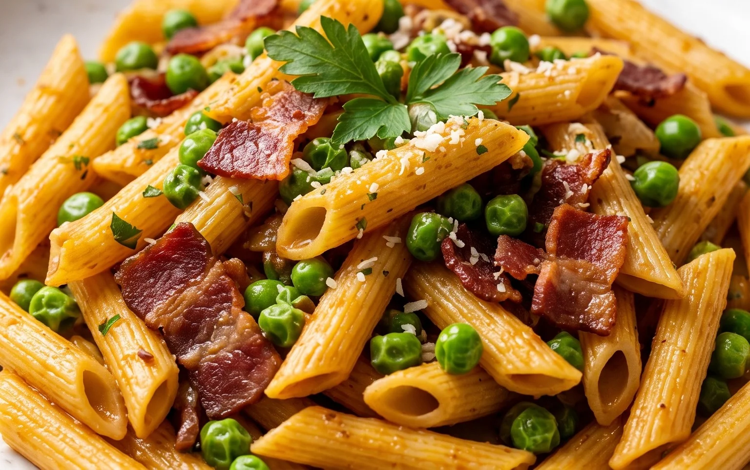 Penne Pasta, Peas and Beef Bacon