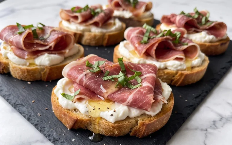 Beef Prosciutto Crostini with Burrata and Lemon Honey Drizzle
